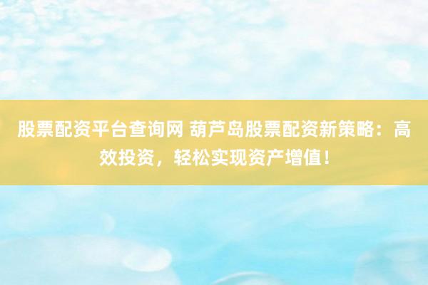 股票配资平台查询网 葫芦岛股票配资新策略：高效投资，轻松实现资产增值！