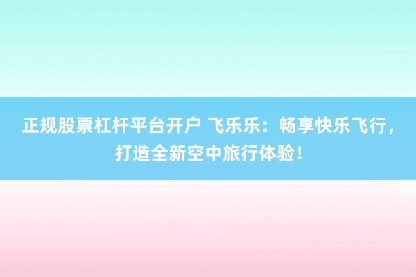 正规股票杠杆平台开户 飞乐乐：畅享快乐飞行，打造全新空中旅行体验！